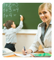 teacher smiling while student is solving some math problems in the board